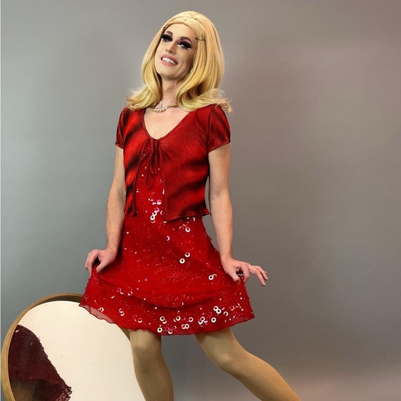 Vintage 90s Early 00s Ruby Red Sequin Paillette Spangle Cha Cha Dress - Picture 4 of 4